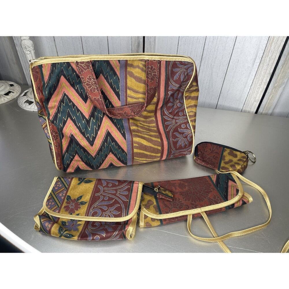 Vintage 80s Top Handle Bag Colorful + Coin + Jewelry +Pouch Included Gold Red
